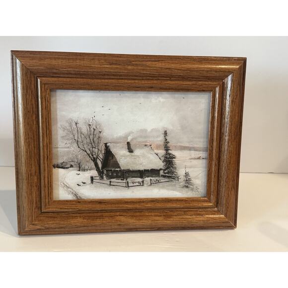 Unbranded Other - Vintage Oak Wood Frame with Winter Cabin Landscape Print Trees Snow Holiday